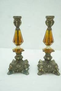 lot 701 image: Vintage Hollywood Regency Style Ornate Cast Metal & Amber Lucite Candlestick Holders