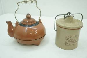 lot 703 image: Vintage Cheese Crock, Vintage Terracotta and Black Teapot