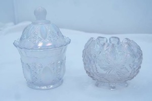 Imperial Glass Iridescent Carnival "Beaded Jewel" pattern Covered Candy Dish, Antique Dugan "Grape Delight" Carnival Glass Rose Bowl