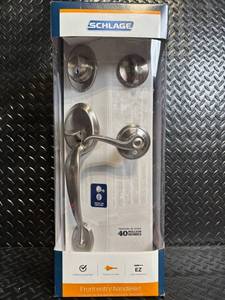 lot A-107 image: Schlage Front Entry Handleset F60 V PLY 619 FLA Satin Nickel