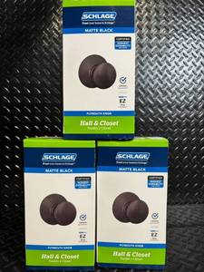 lot 112 image: Schlage Plymouth Knob Hall & Closet Matte Black - 3-Pack F10 PLY 622