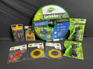 lot 200 image: Sprinkler Garden Hose Reel 50 ft - Element Sprinkler Kit w Nozzles, DeWALT Sets, Hooks