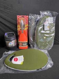 lot 206 image: Bubba 72 oz Stainless Steel Vacuum Bottle  Grilling Gear & Kneeler Cushions