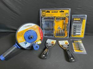 lot 210 image: DeWALT 29-Pc Screwdriving Bit Set, Cobra 25 ft Drum Auger, Hyde Putty Knives