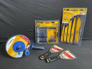 lot 211 image: DEWALT Tool Lot 29-PC Bit Set, Saw Blades, Cobra Drum Auger, Master Trowels