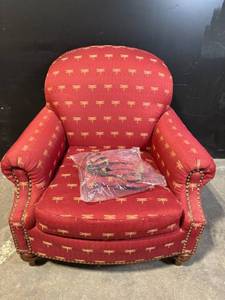 lot 1 image: Newport Furnishings Dragonfly Pattern Red Chair - Nailhead Trim, Wood Legs