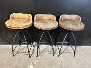 lot 2 image: Stool Set of 3 - Round Wood with Iron Frame - Vintage Industrial