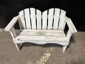 lot 9 image: Whitewashed Wooden Garden Bench - Distressed Slatted Back, Armrests & Seat, Outdoor