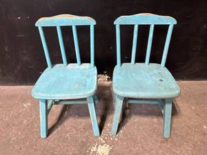 lot 10 image: Chairs - Pair of Vintage Turquoise Painted Wood with Spindle Back