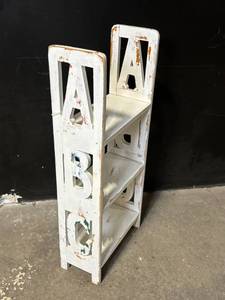 lot 25 image: ABC Letters Wall Shelf - Distressed White Wood, 3-Tier Display