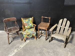lot 27 image: Set of 4 Vintage Wooden Chairs Child High Chair, Cushioned Armchair, Side Chair, Adirondack Chair