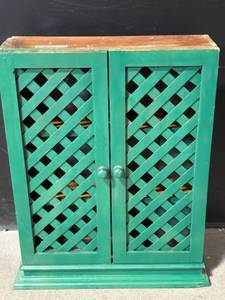 lot 30 image: Green Painted Wood Cabinet with Lattice Doors - Freestanding, 2-Shelf Interior