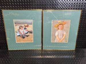lot 34 image: Framed Beach Scene Prints - Pair of Vintage Reproductions in Teal Mats