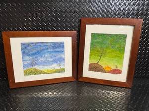 lot 35 image: Lisa Hundermilk - Pair of Framed Landscape Art Prints with Mosaic Hills, Signed