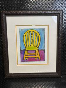 lot 39 image: Waiting for Godot Art Print - Bright Yellow Chair on Blue & Purple Background