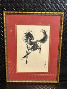 lot 41 image: Chinese Ink Horse Painting - Galloping Horse with Red Seal Signature (Framed)