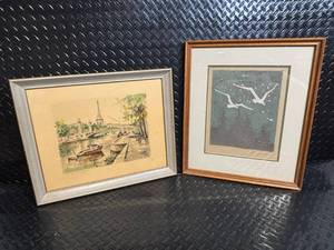 lot 42 image: Framed Art Prints - Paris River Scene & Winter Birds (Lot of 2)