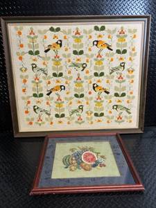 lot 47 image: Birds on Floral Stems Cross-Stitch - Framed Art Pair (Lot of 2)