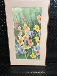 lot 48 image: Framed Floral Watercolor Painting - Colorful Garden Blooms