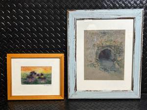 lot 51 image: Framed Landscape Art Prints (2) - Blue Distressed Frame & Orange Wood Frame