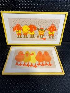 lot 52 image: Two Framed Color-Block Art Prints Umbrella Kids & Ducklings