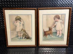 lot 54 image: Bessie Pease Gutmann - Pair of Framed Prints Little Girl with Puppy
