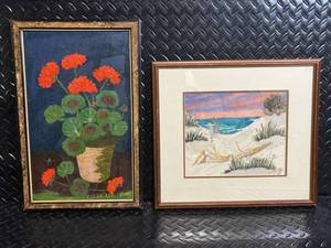 lot 60 image: Framed Floral Still Life Geranium & Seascape Beach Prints - 2-Piece Lot