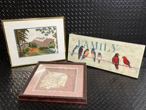 lot 61 image: Vintage Framed Wall Art Lot - Mountain Landscape, FAMILY Birds Sign & Lace Keepsake