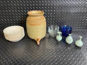 lot 68 image: Celadon Ceramics & Glass Lot - Jug w Spigot, 3 Bud Vases, White Bowls