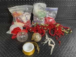 lot 73 image: Christmas Ornament Lot Etched Glass Ball Ornament, 2 Silver Filigree Balls, Bead Garlands & Ribbon