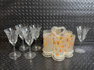 lot 74 image: Vintage Frosted Glassware Set with Orange Leaf Motif - Clear Etched Wine Glasses & Champagne Flutes