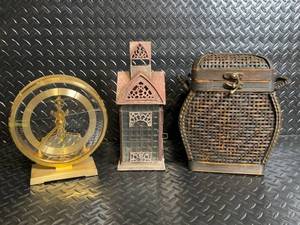 lot 75 image: Mantel Clock, Gothic Lantern & Woven Basket - Vintage Decorative Set