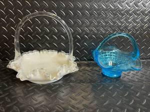 lot 81 image: Vintage Glass Candy Baskets - White Milk Glass Ruffled Edge with Clear Handle, Cobalt Blue Basket