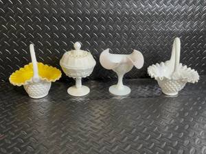 lot 84 image: Fenton Hand Painted Milk Glass Hobnail 4-Piece Set - Lidded Jar, Floral Compote, Yellow Interior Baskets