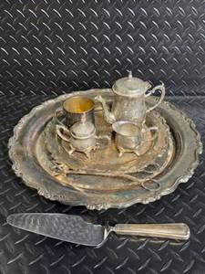 lot 86 image: Godinger Silver Plate Tea Set with Ornate Tray - Teapot, Sugar Pot, Creamer, Tongs & Knife