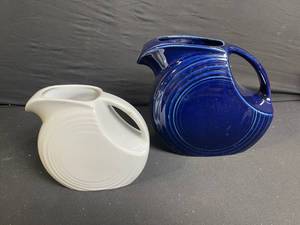 lot 88 image: Ceramic Pitchers Set - Blue Cobalt Ribbed & White Spiral, 2-Piece
