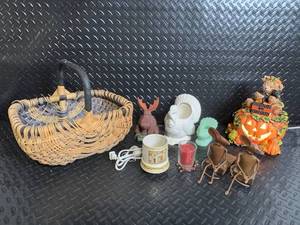 lot 102 image: Napco Ware White Bird Candle Holder & Holiday Decor Lot with Basket