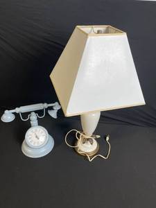 lot 106 image: Vintage Lamps Lot of 2 - Clock Dial Desk Lamp with Dual Arms & Tall Cream Ceramic Table Lamp