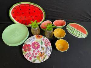 lot 111 image: Fruit-Theme Ceramic Dinnerware Set Watermelon Plates, Floral & Pineapple Accents