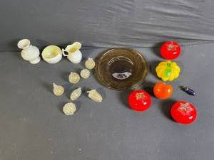 lot 112 image: Frosted Glass Pumpkin Ornaments & White Ceramic Vase Set with Amber Bowl