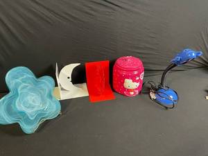 lot 114 image: Hello Kitty Jar with Lid - Glass Star-Shaped Plate - Moon & Sun Ornaments - Blue Desk Lamp