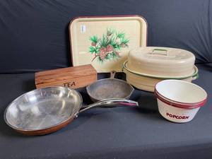lot 116 image: ODI Copper Tri-Ply Pan with Lid - Vintage Cookware Lot incl. Tea Box, Pine Tray, 4 Popcorn Bowls