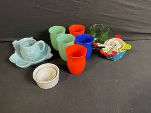 lot 118 image: Kids Dish Set - Teal Shell Plate, 2 Ramekins, Colorful Cups, Bowls & Floral Spoons