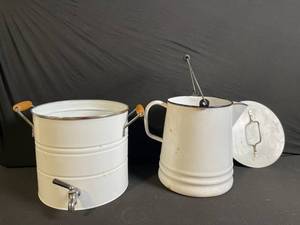 lot 122 image: Vintage White Enamelware Pail with Spigot & Milk-Can Style Kettle - 2-Piece Set