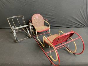 lot 127 image: Vintage Two-Seat Metal Toboggan Sled - Red & Yellow Rails, Rusty Paint