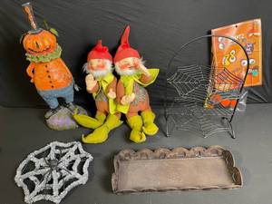 lot 128 image: Assorted Halloween Decor Lot - Pumpkin Figure, 2 Gnomes, Spider Web Stands, Tray, Glitter Web
