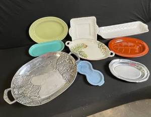 lot 132 image: Vintage Serving Dishes Lot Red Wing USA, Grapevine-Embossed Silver Platter & Ceramic Trays