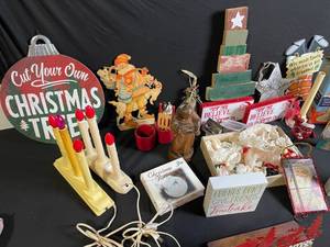 lot 133 image: Christmas Decor Lot - Santa Figures, Signs, Wooden Tree & More Vintage Holiday Items