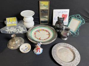 lot 134 image: Vintage Decorative Lot Metal Plates, White Vase, Bulldog Figurine, Clown & Frame