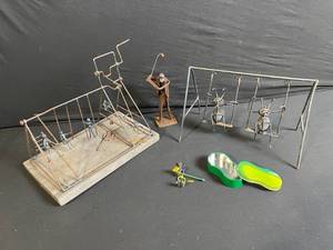 lot 139 image: Vintage Rusty Wire Iron Sculpture Set - Swing-Frame Figures Garden Decor